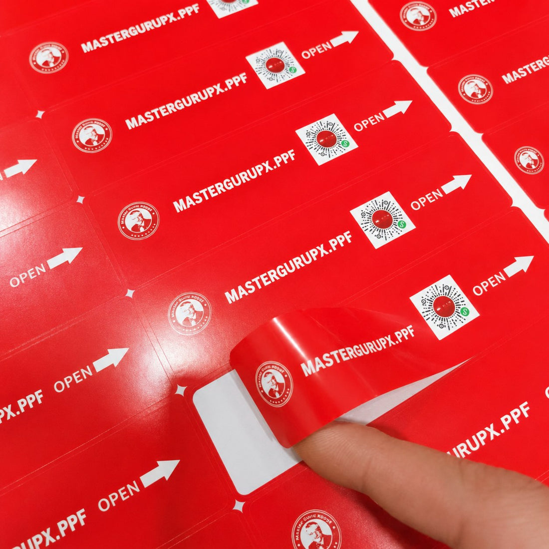 Glossy coated paper rectangle labels on a sheet, vivid water-resistant product labels