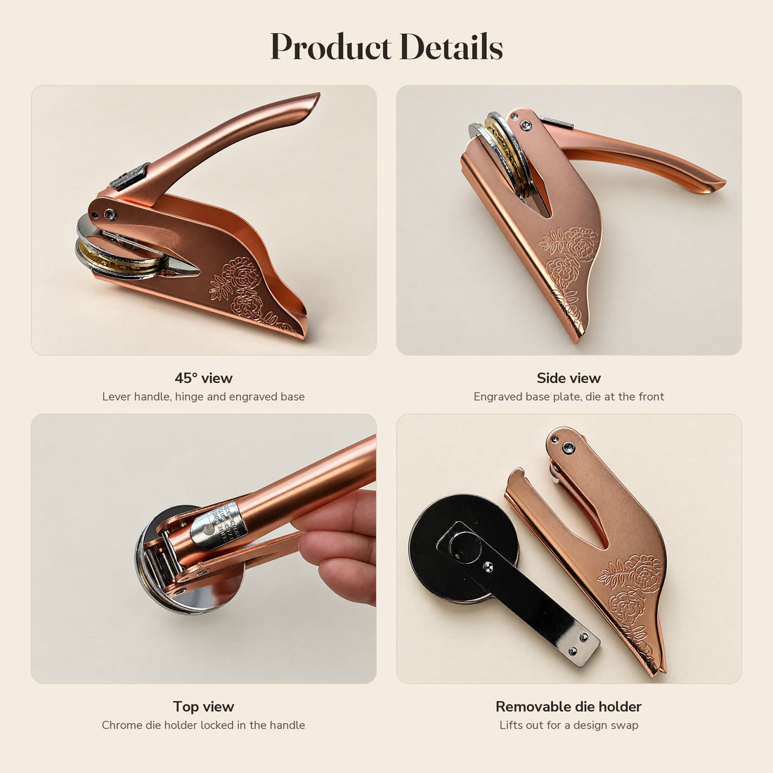 Four detail views of the embosser including the removable die holder