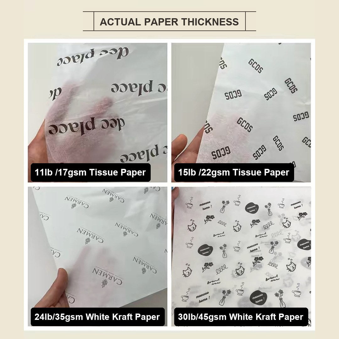 Actual paper thickness comparison — 17gsm and 22gsm tissue beside 35gsm and 45gsm white kraft