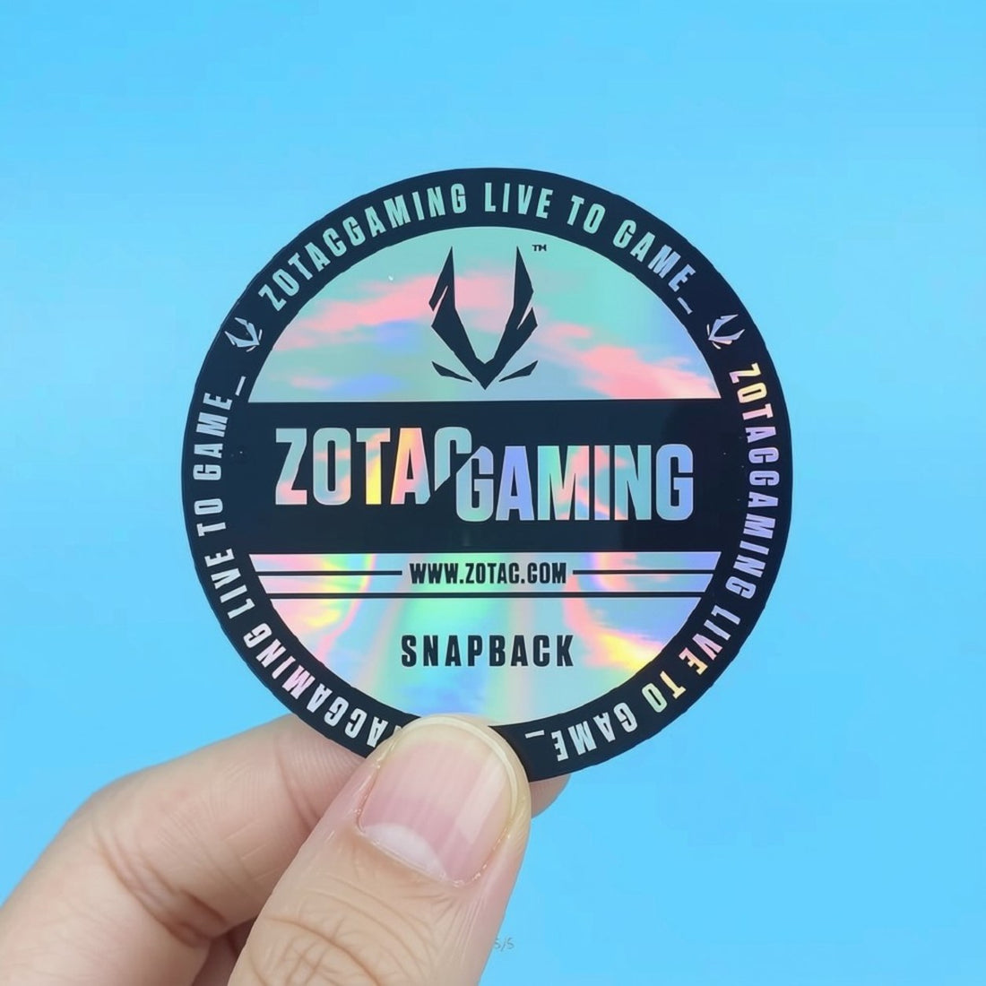 Round holographic gaming logo sticker, rainbow iridescent — Pakvel custom holographic stickers