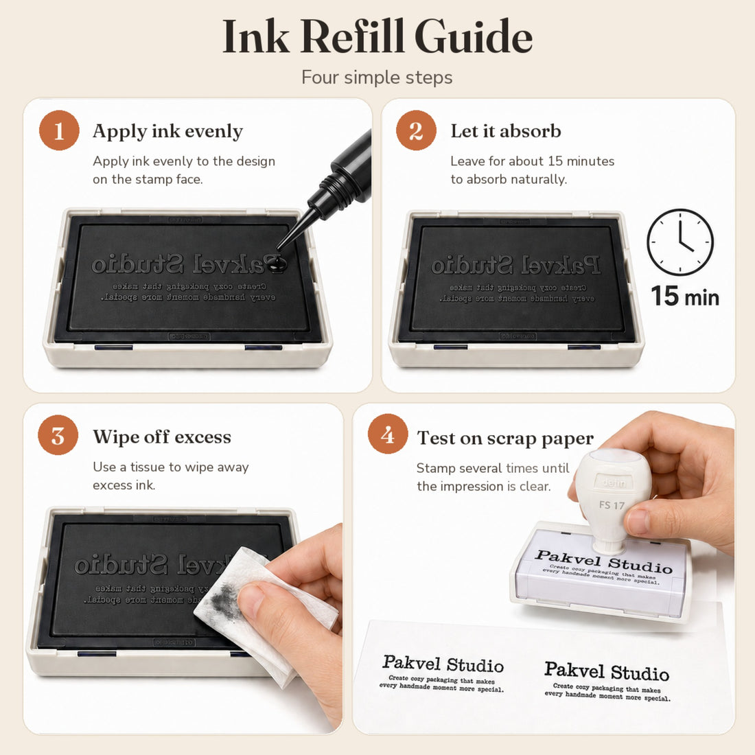 Four-step guide to re-inking a pre-inked stamp: apply ink, let it absorb for 15 minutes, wipe off the excess, test on scrap paper