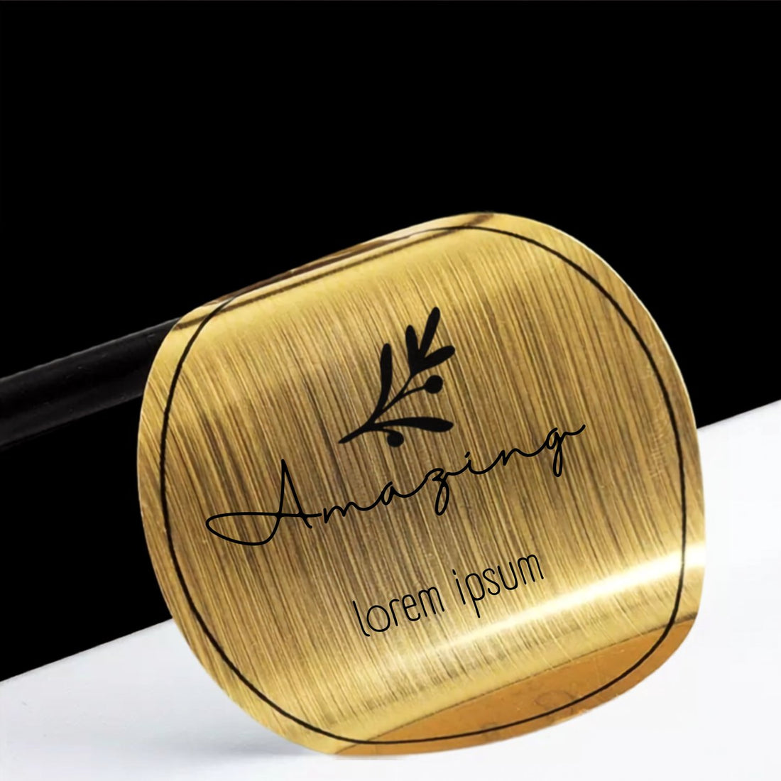 Round brushed gold metallic sticker with black printed lettering, full-color print on brushed gold foil