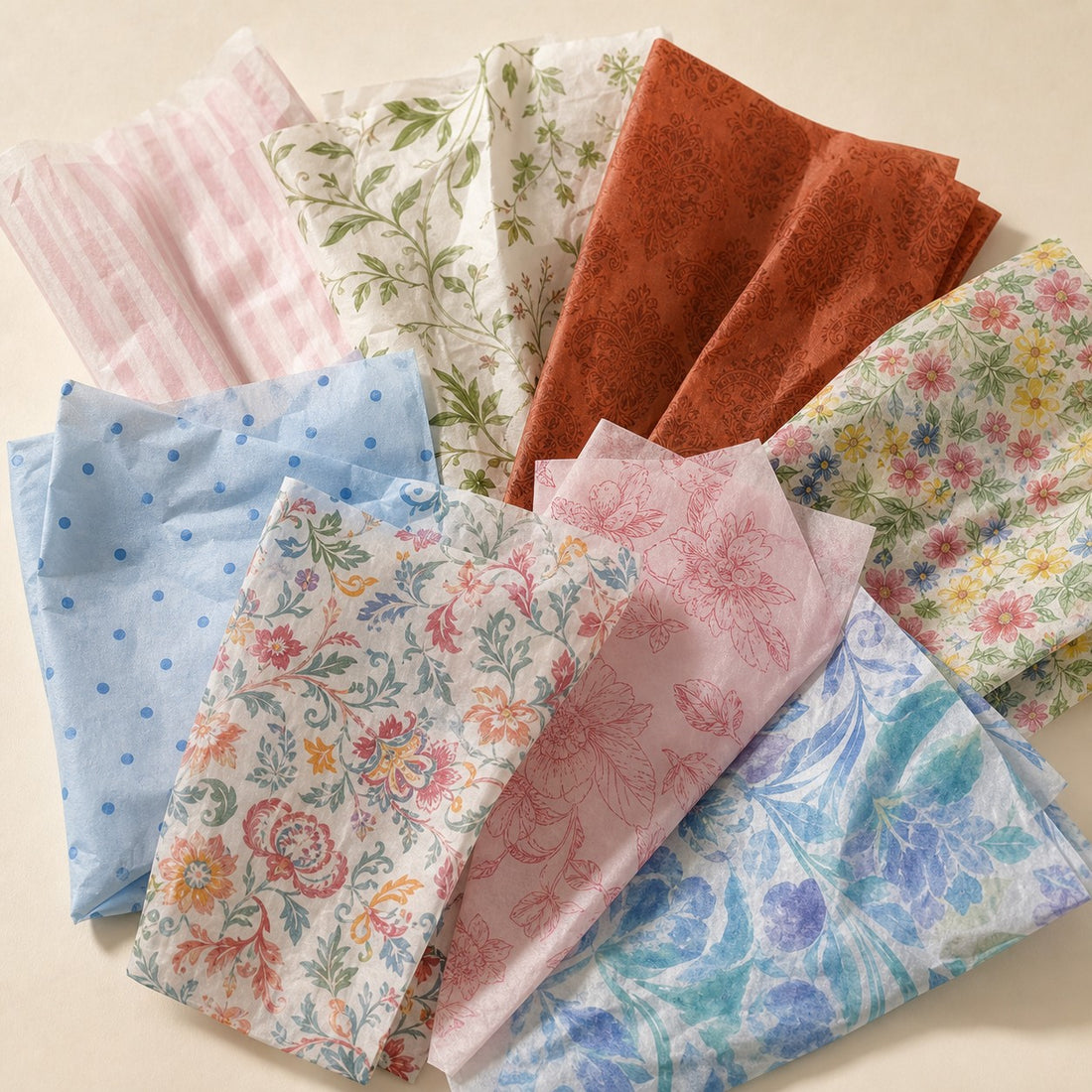 Assorted Pakvel printed tissue paper samples — florals, botanicals, dots and stripes