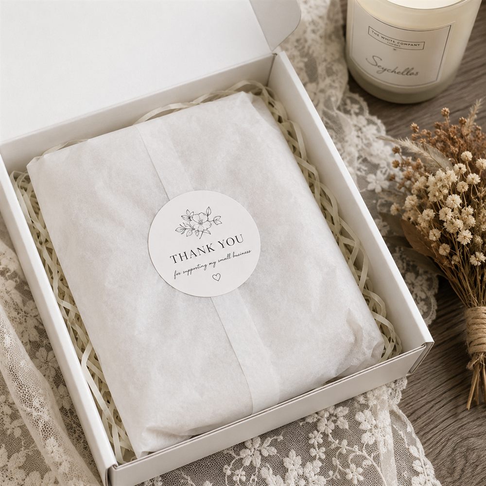 Custom thank-you stickers on tissue paper inside a branded parcel — Pakvel