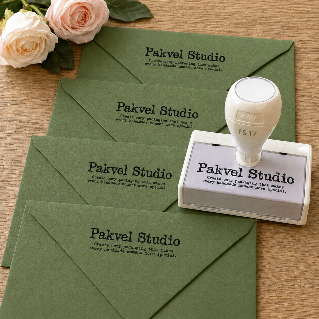 Four green envelopes stamped with a custom pre-inked stamp, shown beside the stamp