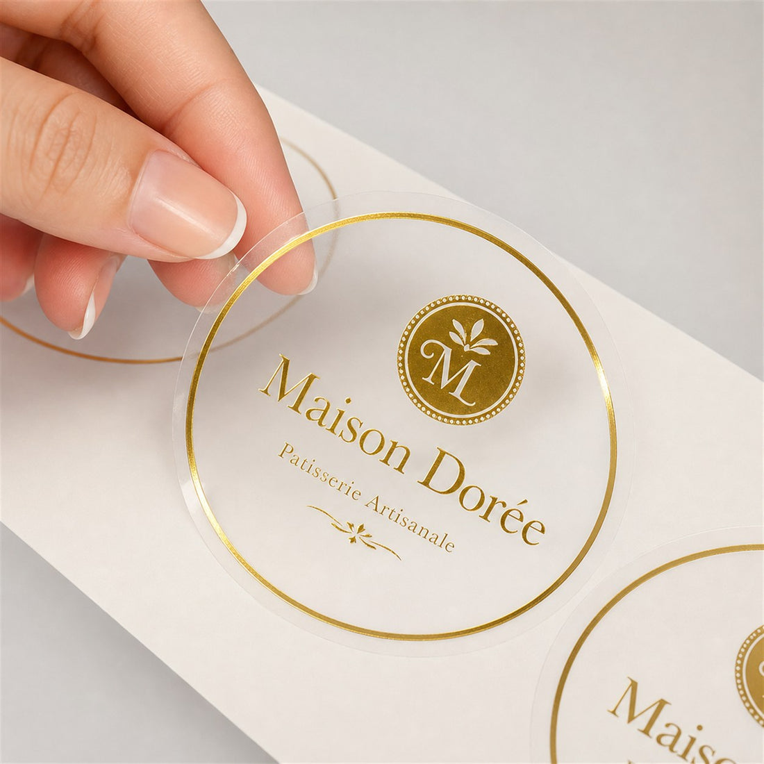 Clear sticker with gold foil logo finish, glossy metallic foil on transparent film