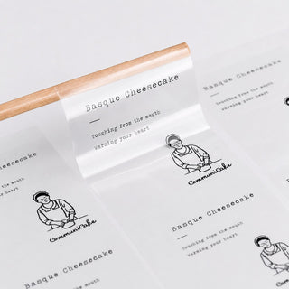 Sheet of clear rectangle label stickers printed for a bakery, transparent waterproof