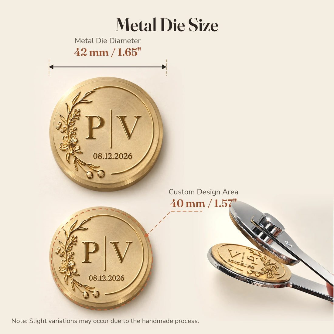 Diagram showing the 42 mm brass die and its 40 mm custom design area