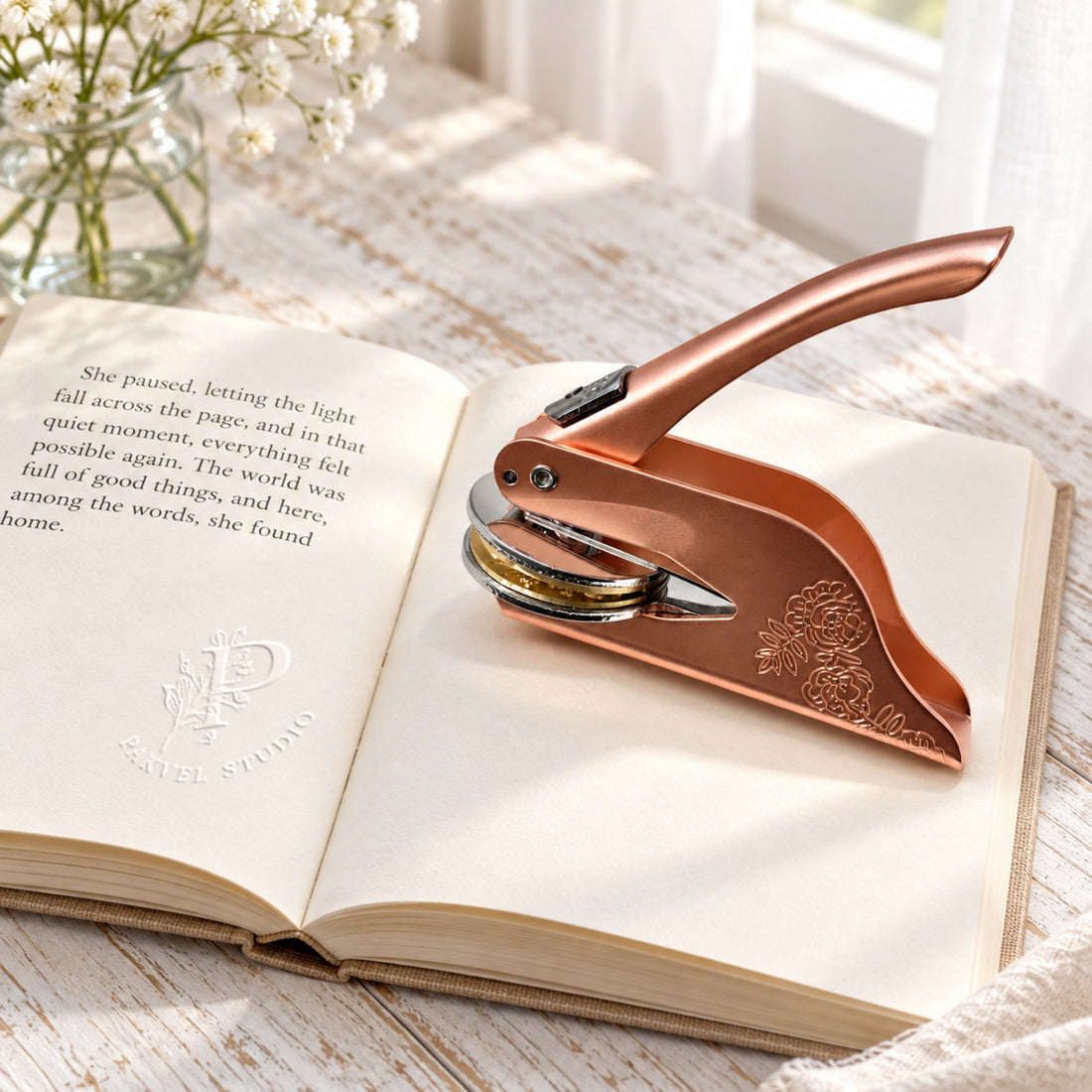 An open book on a sunlit wooden table with an embossed mark on the page and a rose gold embosser resting beside it