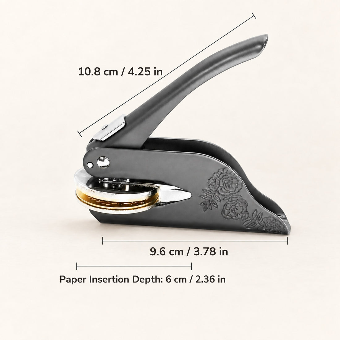 Custom embosser in graphite with dimensions