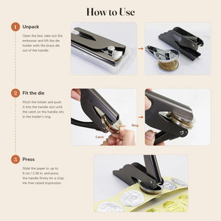 Three steps showing how to unpack the embosser, fit the die and press an impression