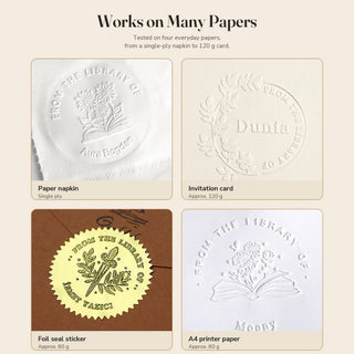 Embossed impressions on a paper napkin, invitation card, foil seal sticker and printer paper