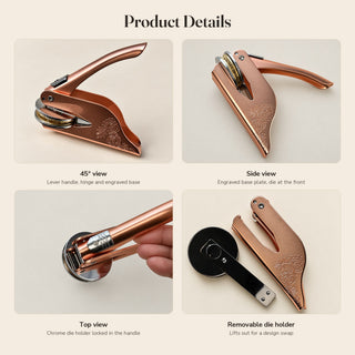 Four detail views of the embosser including the removable die holder