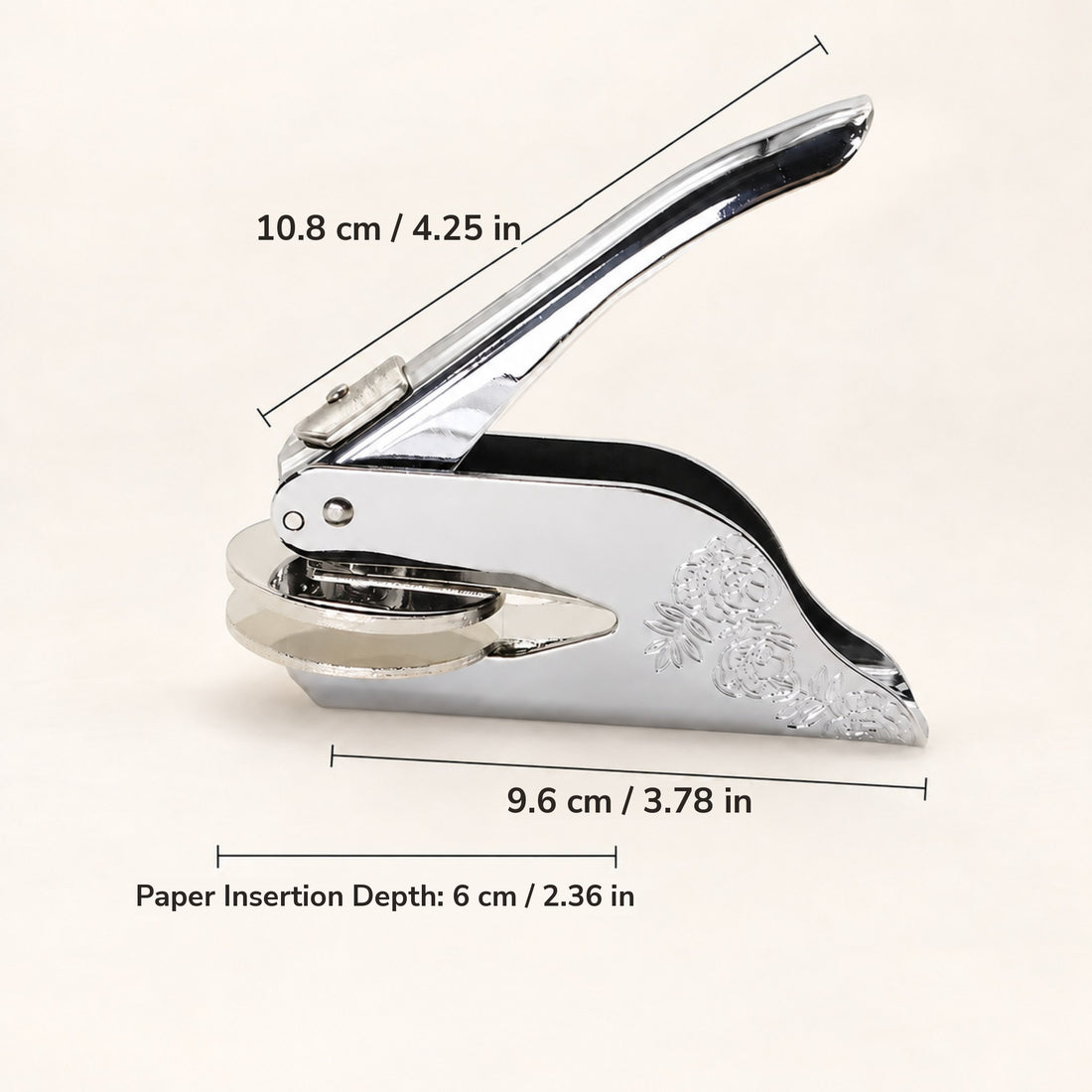 Custom embosser in silver with dimensions