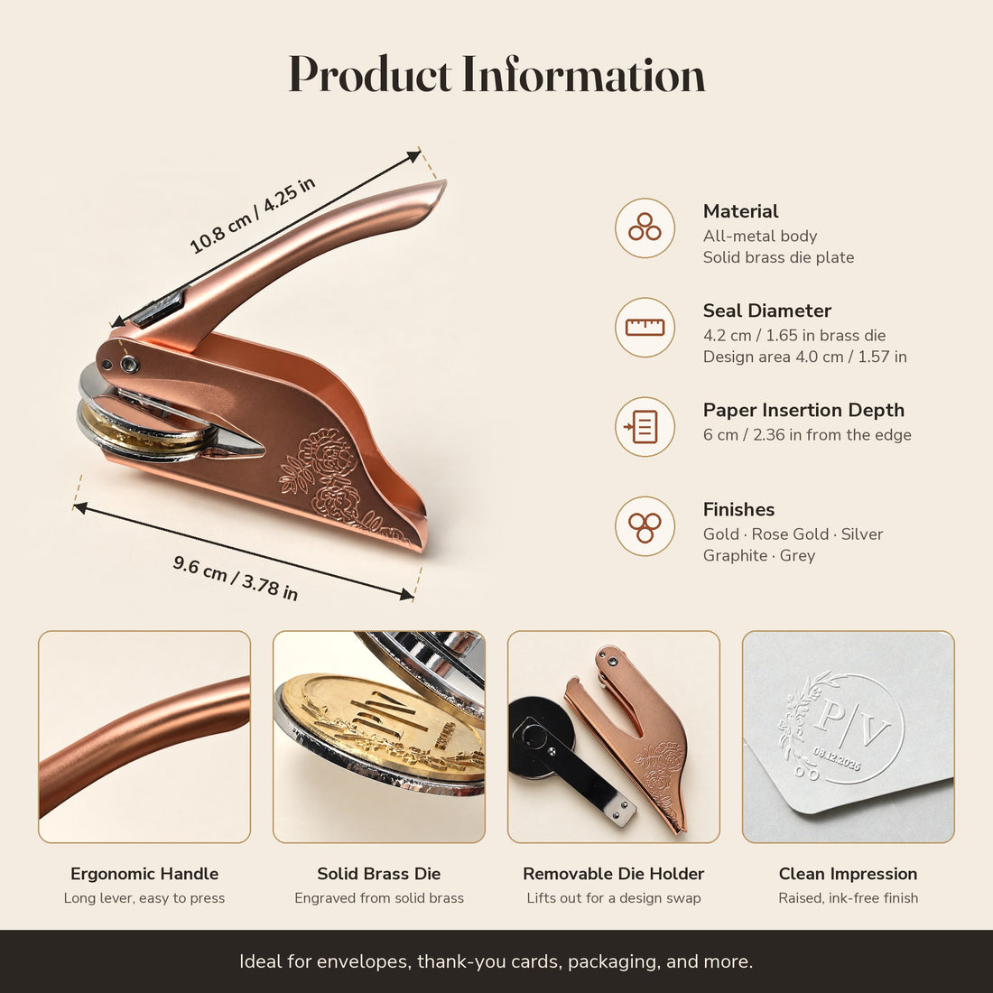 Specification card listing all-metal body, solid brass die, 6 cm paper insertion depth and five finishes