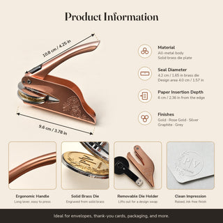 Specification card listing all-metal body, solid brass die, 6 cm paper insertion depth and five finishes
