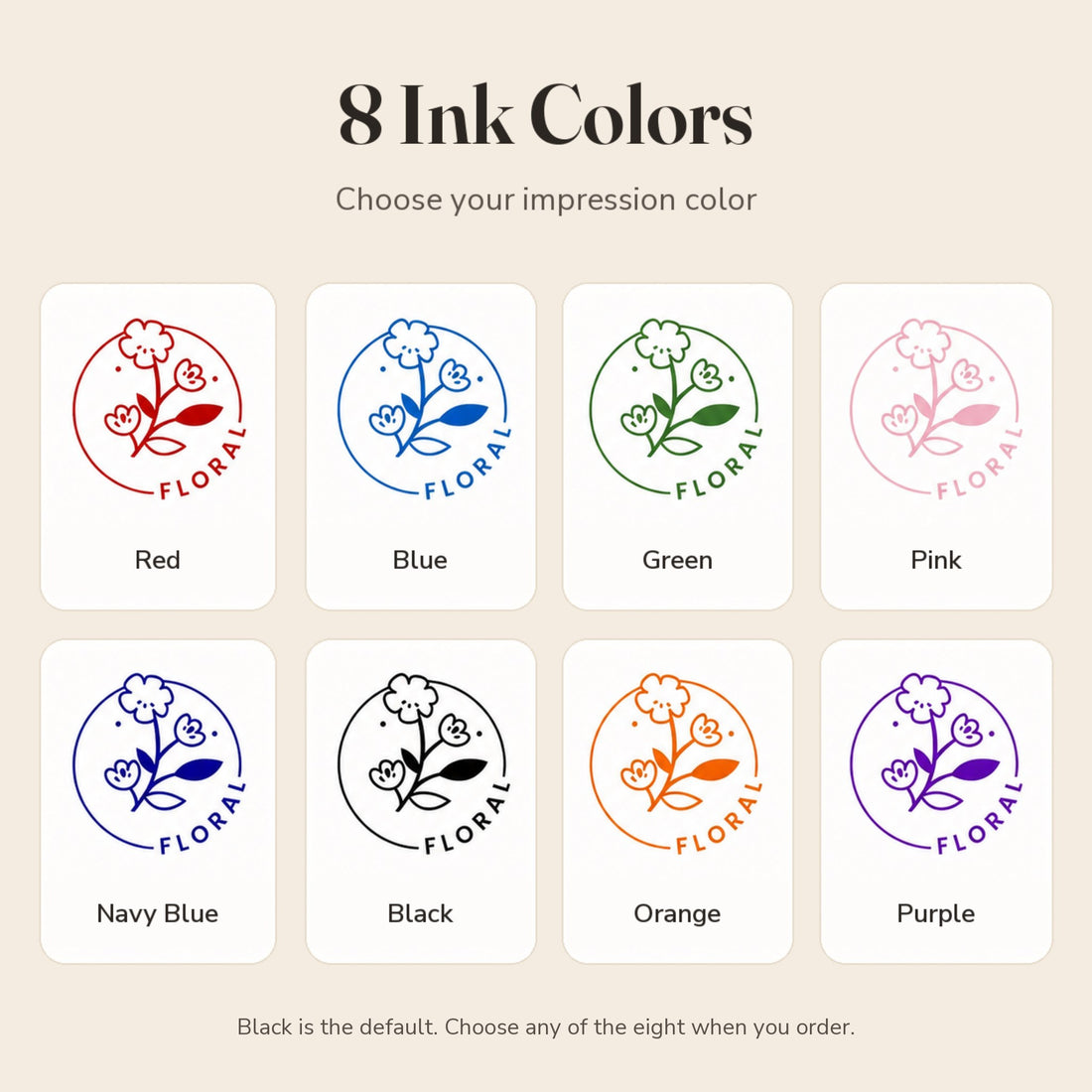 Eight ink colors for a custom pre-inked stamp: red, blue, green, pink, navy blue, black, orange and purple, with black noted as the default