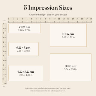 Five rectangular impression sizes for a custom pre-inked stamp, from 2.76 x 0.79 in to 3.54 x 2.36 in, shown against a ruler in centimeters
