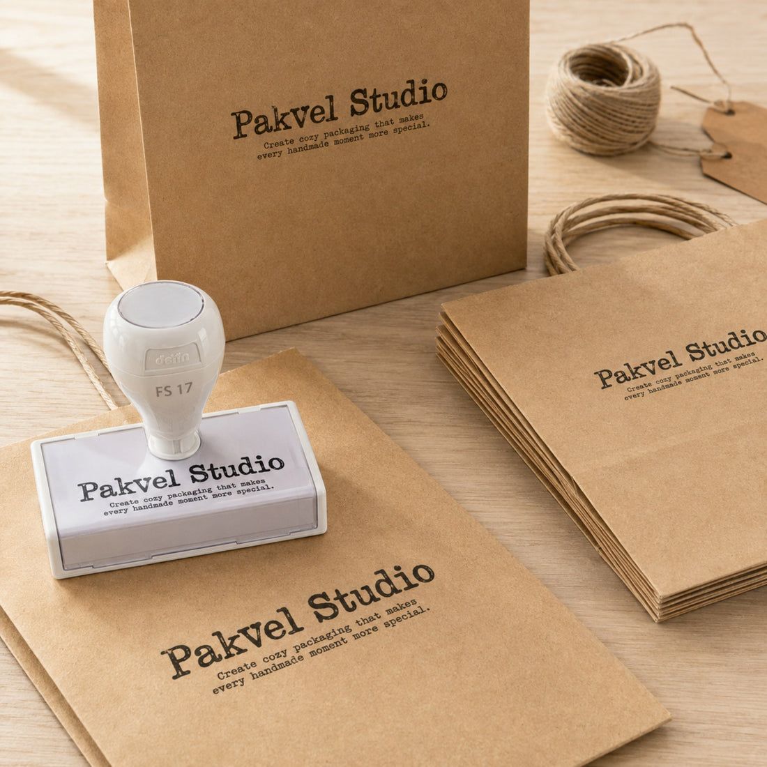 Custom pre-inked stamp on a wooden table beside kraft paper bags stamped with a brand name and tagline, with twine and hang tags