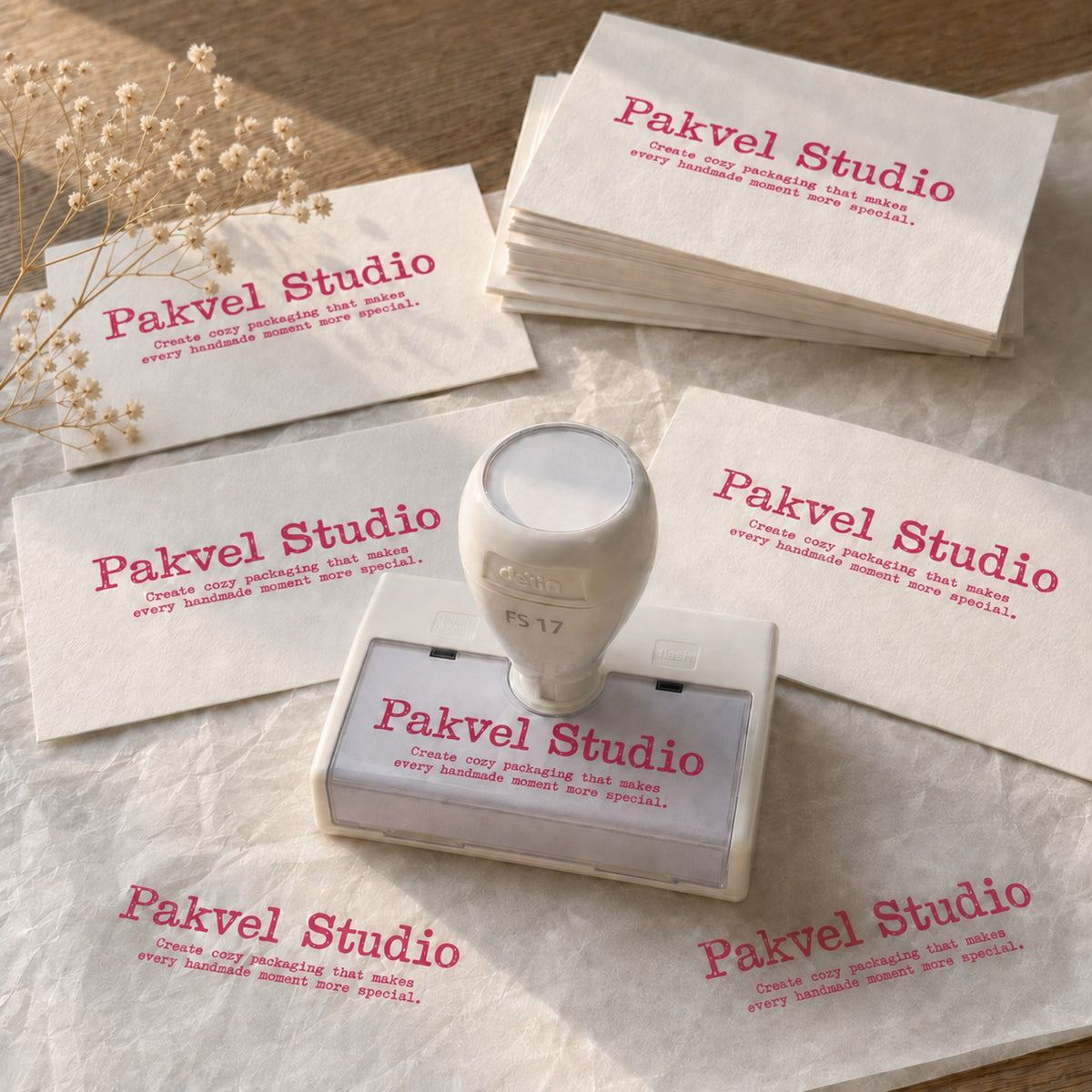 Custom pre-inked stamp inked in pink, with its impressions on cards and tissue paper beside dried flowers