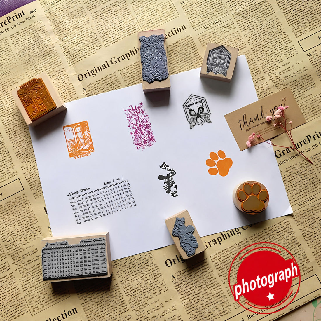 A range of custom rubber stamp designs and their inked impressions on paper
