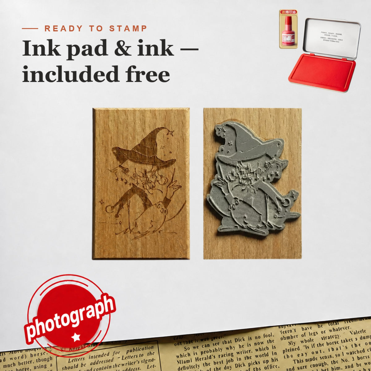 Wooden custom logo stamp with matching ink pad and ink included free