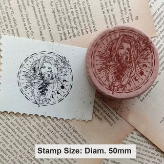 Custom round rubber stamp, 50 mm diameter, beside its stamped impression