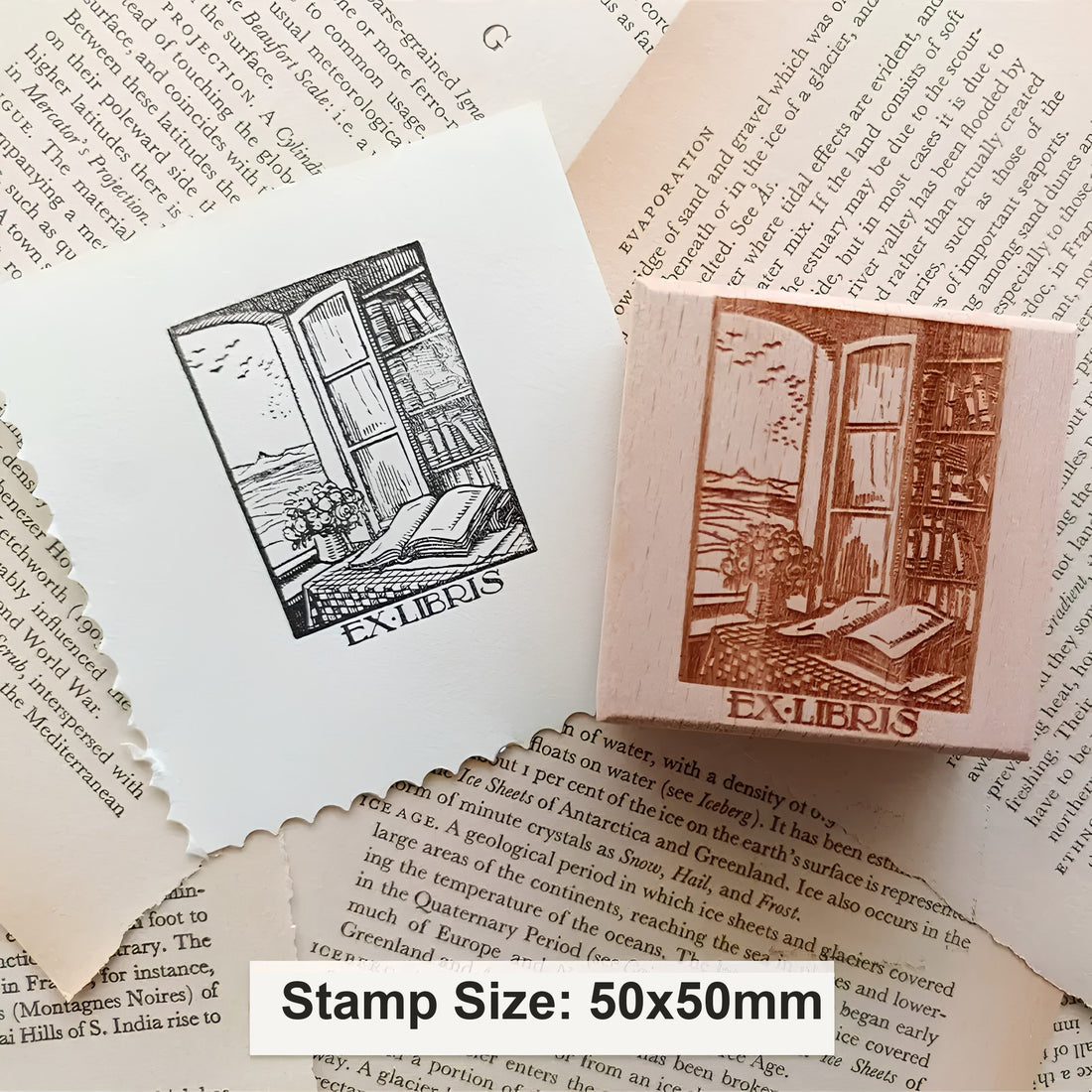 Custom square rubber stamp, 50×50 mm, beside its stamped impression