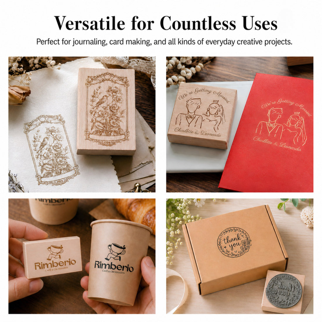 Custom rubber stamps on kraft mailer boxes, cups, cards and packaging — versatile everyday uses