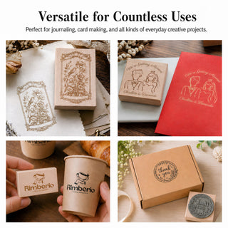 Custom rubber stamps on kraft mailer boxes, cups, cards and packaging — versatile everyday uses