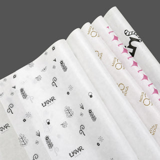 Five rolls of 17gsm tissue paper with different custom logo prints
