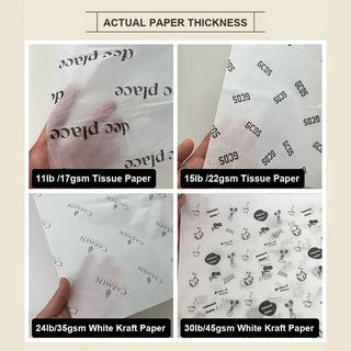 Actual paper thickness comparison — 17gsm and 22gsm tissue beside 35gsm and 45gsm white kraft