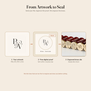 From artwork to seal: send your file, approve the free proof, we engrave the brass die