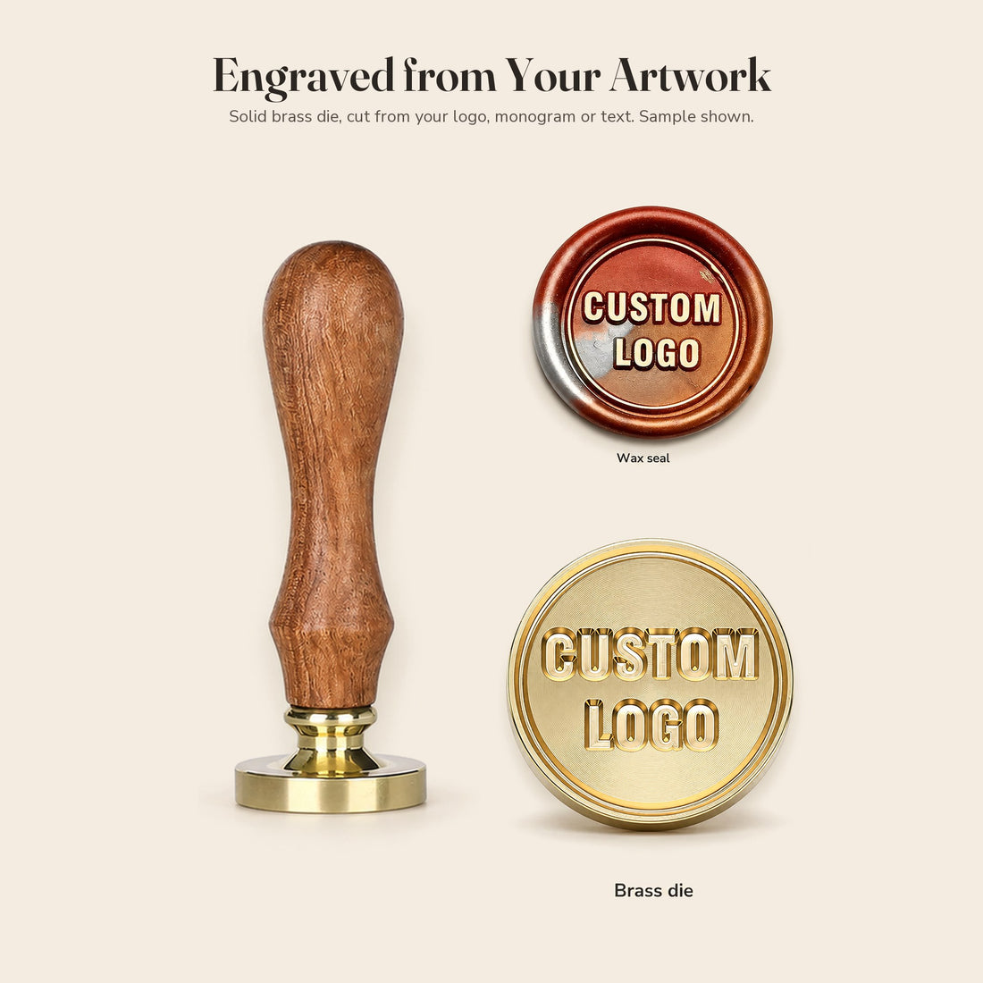 A solid brass wax seal die engraved from a custom logo, shown beside the wax seal it presses