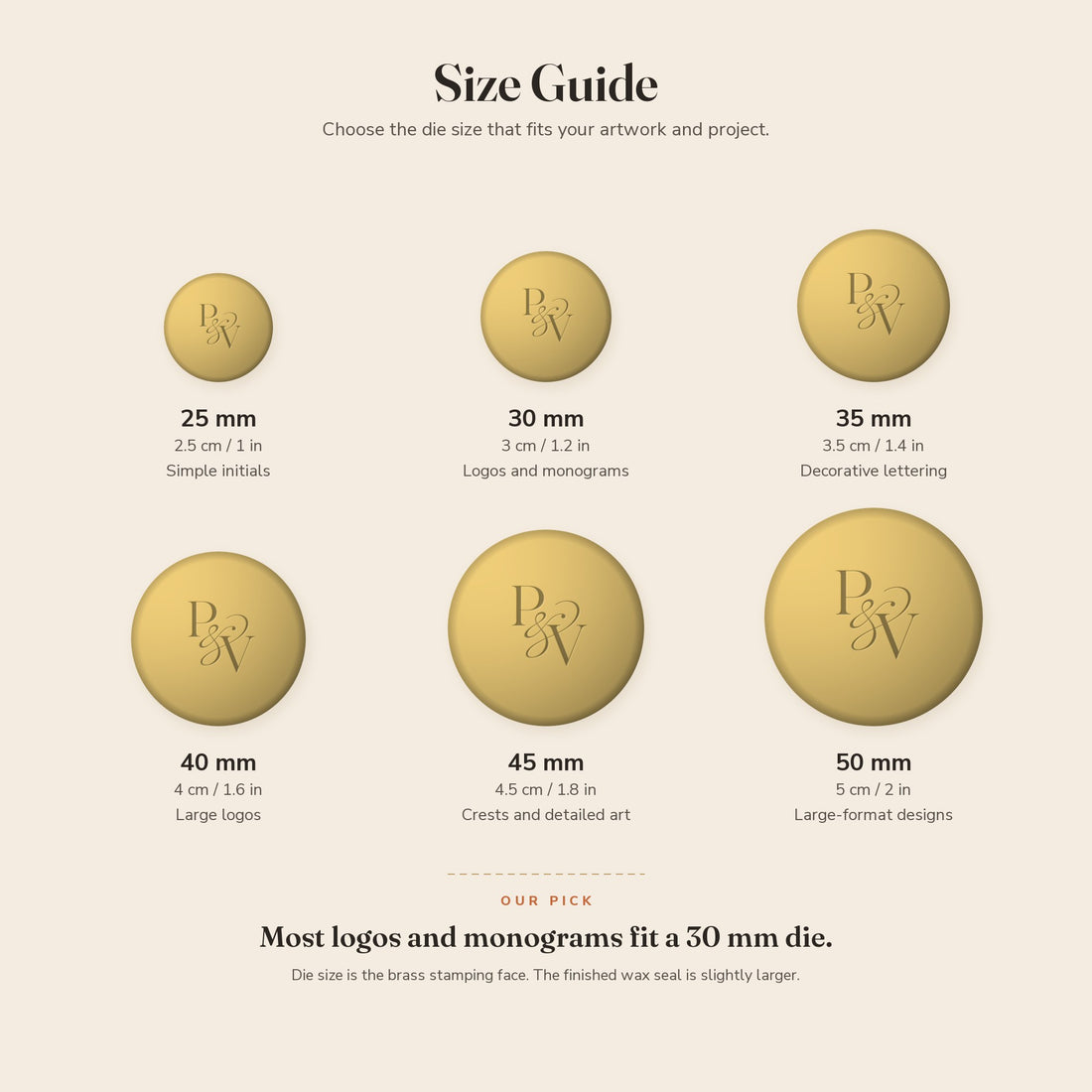 Wax seal monogram custom initial designs engraved in a solid brass die, six sizes from 25 to 50 mm