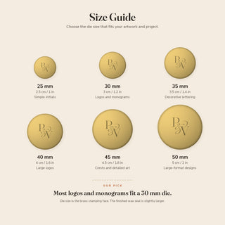 Wax seal monogram custom initial designs engraved in a solid brass die, six sizes from 25 to 50 mm