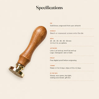 Specifications for a custom wax seal stamp: solid brass die, wooden handle, six sizes