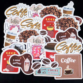 Coffee-themed custom die-cut stickers on kraft paper