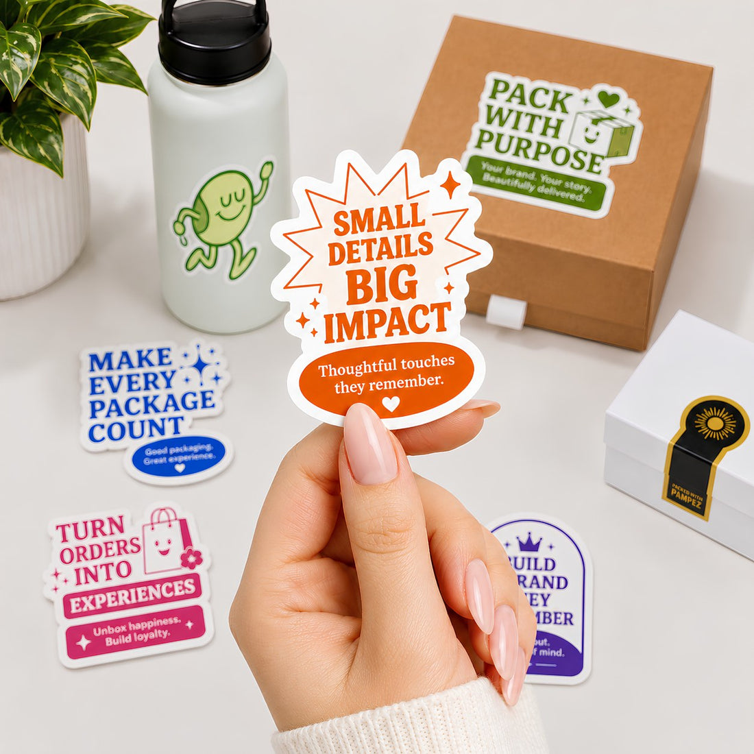 Custom die-cut brand stickers with a kraft mailer box and water bottle
