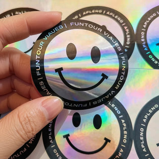Round holographic smiley-face sticker — Pakvel