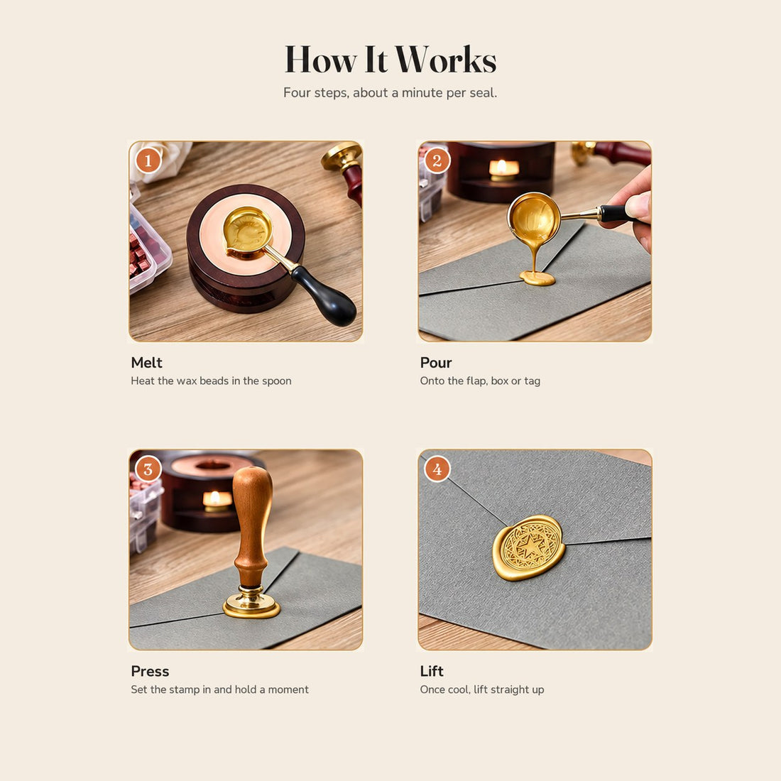 Four steps to use a wax seal stamp: melt the beads, pour, press and lift