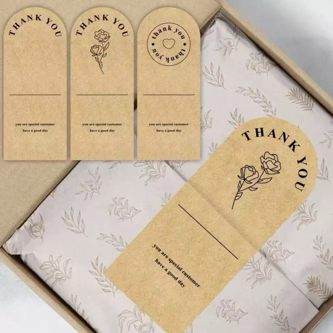 Kraft thank-you tags with botanical tissue — Pakvel