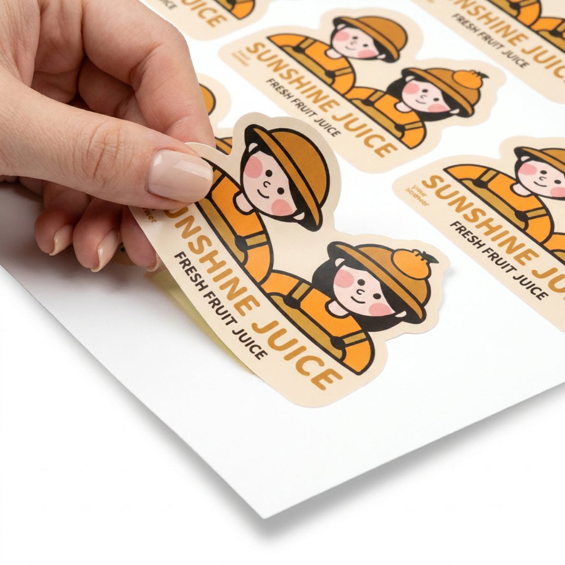 Hand peeling a custom die-cut matte paper character sticker from a kiss-cut sheet, full-color matte print