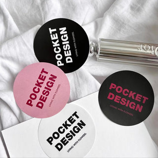 Set of round matte paper stickers in black, pink and white with a modern logo, premium no-glare matte finish
