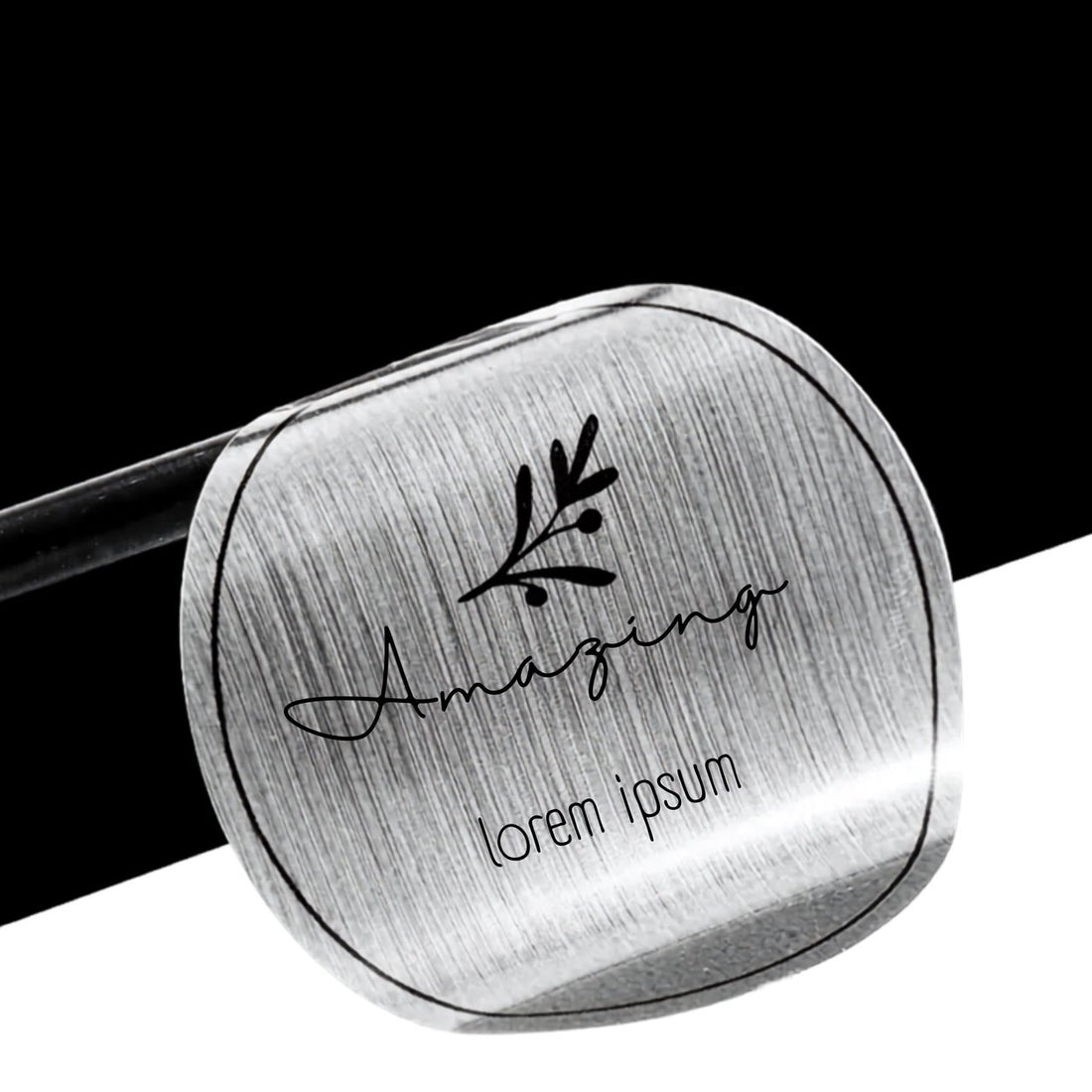 Round brushed silver metallic sticker with black printed text, full-color print on brushed silver foil