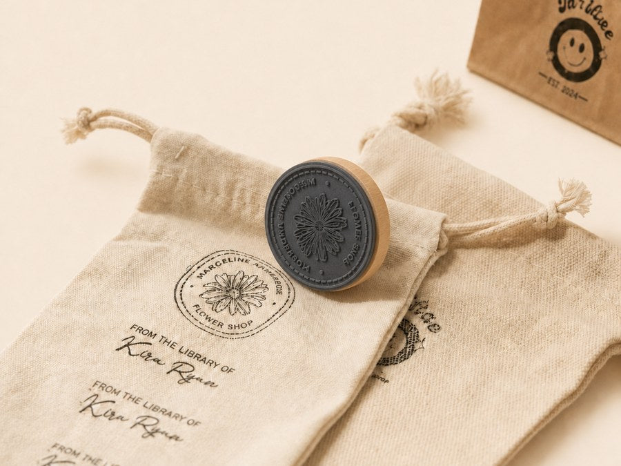 A custom wooden logo stamp resting on stamped muslin bags