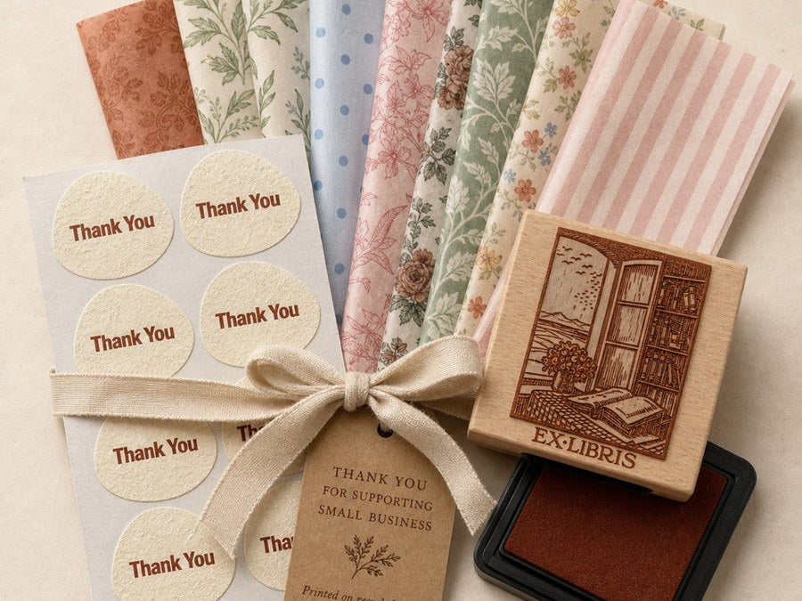 A custom packaging kit with thank-you stickers, tissue and a logo stamp