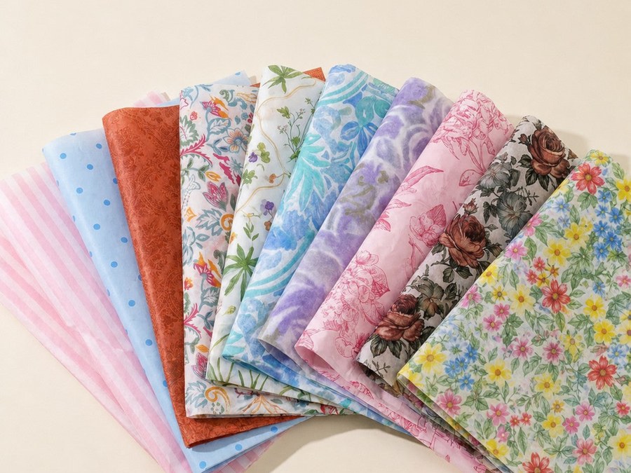Fan of assorted patterned tissue paper sheets
