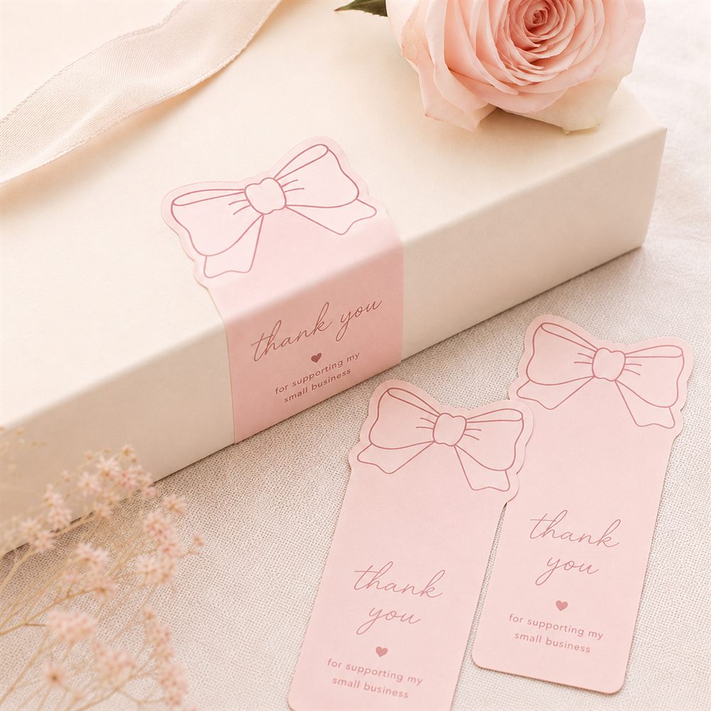 Pink thank-you packaging seal band on a gift box for a small business — Pakvel