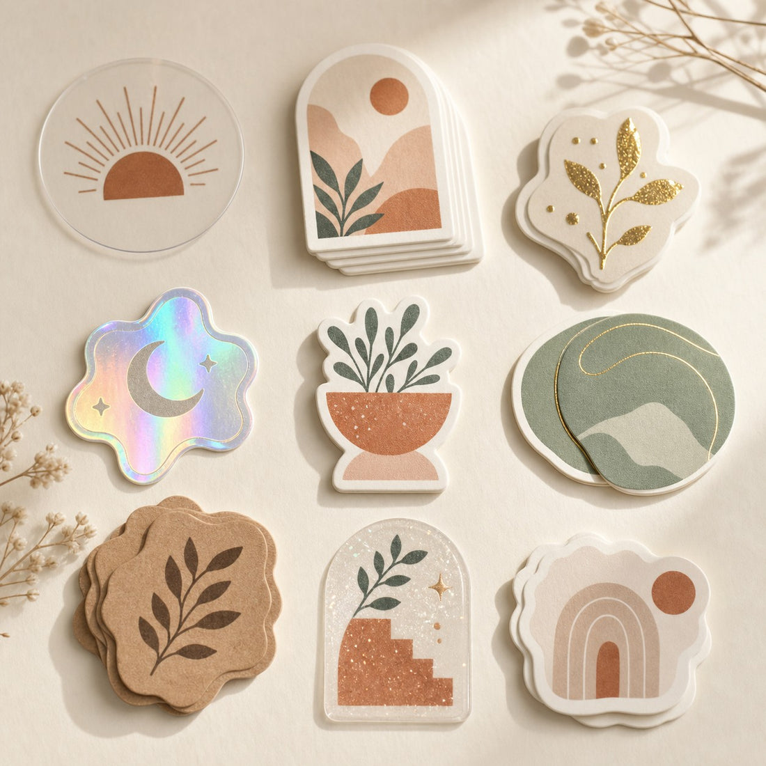 Assorted Pakvel sticker samples — clear, matte, kraft, gold-foil and holographic finishes